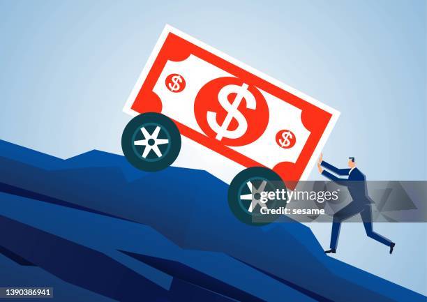 businessman pushing banknote car on mountain peak - muster stock illustrations