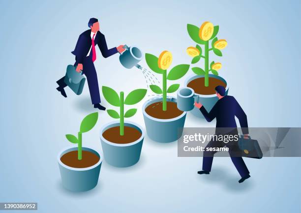 isometric businessman planting money tree, two businessmen holding watering can to water money tree seedling inside pot - american one dollar bill stock illustrations