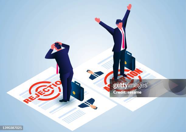 a sad businessman standing on rejected cv while another businessman cheering on accepted cv - licensing agreement stock illustrations