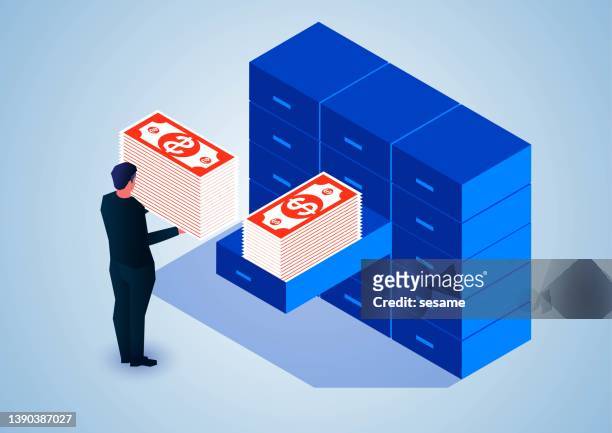 businessman put money in drawer, savings financial insurance. - counting stock illustrations