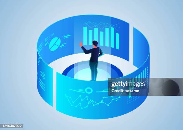 ilustraciones, imágenes clip art, dibujos animados e iconos de stock de hombre de negocios de pie dentro del gráfico de datos visuales para ver y analizar varios datos del proyecto - dashboard