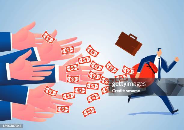 investment risk, expense and cost concept, hand asking for banknotes from businessman, businessman running with money bag, banknotes falling from money bag hole - avoidance stock illustrations