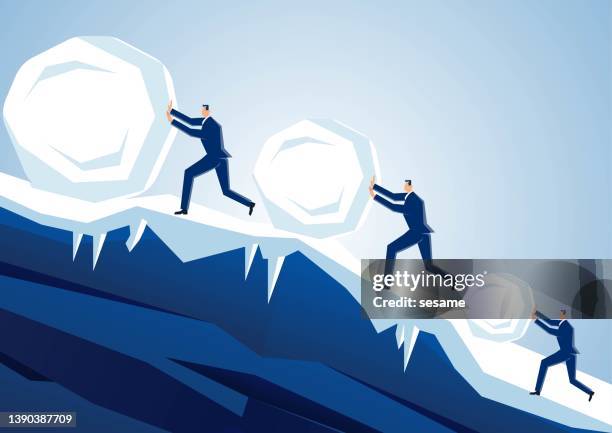 ilustrações de stock, clip art, desenhos animados e ícones de businessman snowball game, businessman rolls snowball bigger and bigger on snowy mountain. - bola de neve