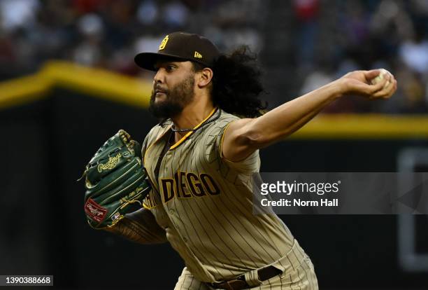 Sean Manaea of the San Diego Padres delivers a first inning pitch against the Arizona Diamondbacks at Chase Field on April 08, 2022 in Phoenix,...