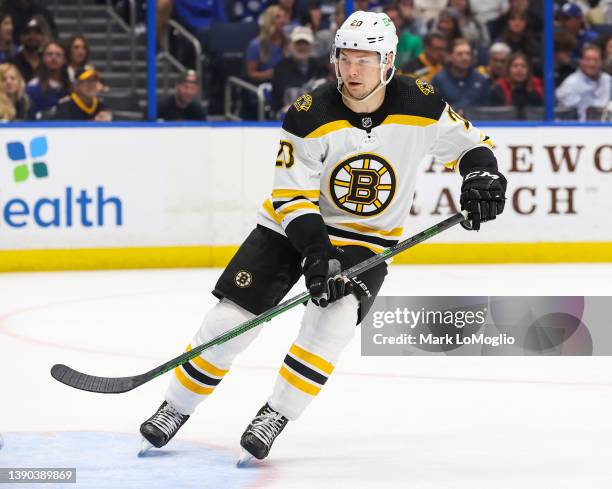 Curtis Lazar of the Boston Bruins against the Tampa Bay Lightning during the third period at Amalie Arena on April 8, 2022 in Tampa, Florida.