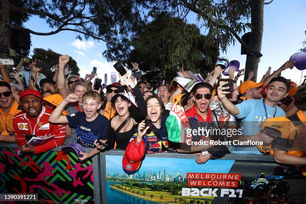 Fans wait for the drivers to arrive and sign autographs prior to final practice ahead of the F1 Grand Prix of Australia at Melbourne Grand Prix...