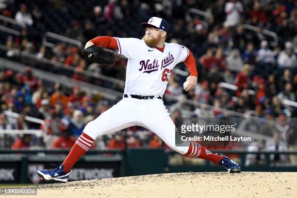 Sean Doolittle of the Washington Nationals pitches in fifth inning during a baseball game against the New York Mets at the Nationals Park on April 8,...