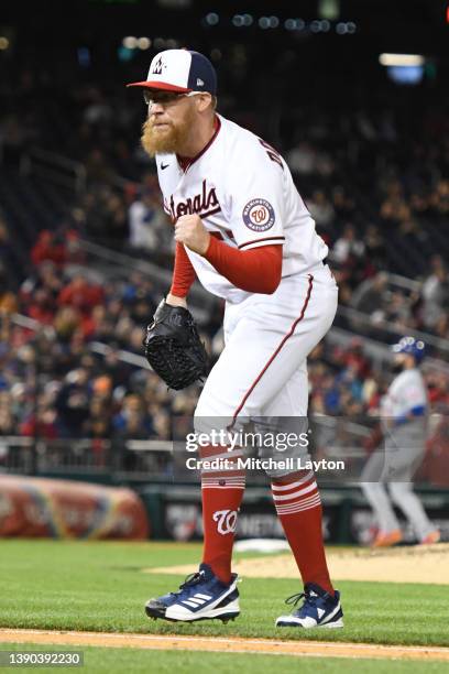 Sean Doolittle of the Washington Nationals celebrates in fifth inning during a baseball game against the New York Mets at the Nationals Park on April...