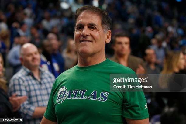 Mark Cuban owner of the Dallas Mavericks leaves the court after the game against the Portland Trail Blazers at American Airlines Center on April 08,...
