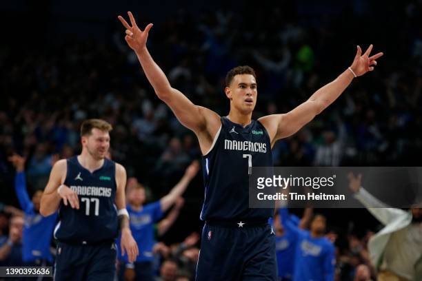 Dwight Powell of the Dallas Mavericks reacts after a three point basket in made in the second half against the Portland Trail Blazers at American...