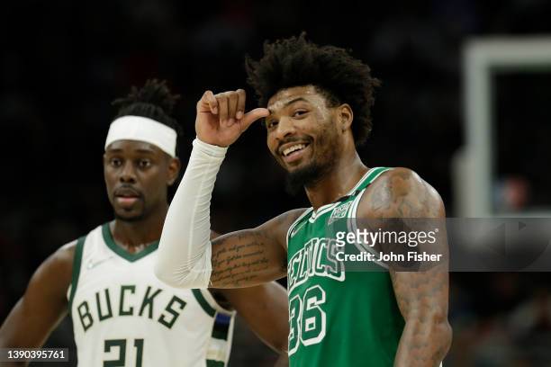 Marcus Smart of the Boston Celtics reacts toward the Bucks bench during the second half of a game at Fiserv Forum on April 07, 2022 in Milwaukee,...