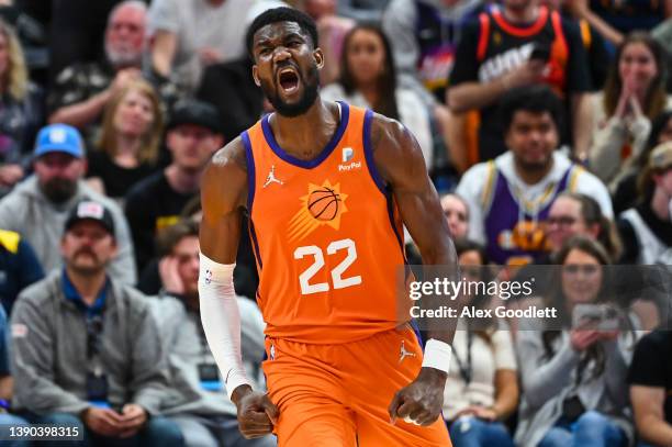 Deandre Ayton of the Phoenix Suns celebrates a basket during the second half of a game against the Utah Jazz at Vivint Smart Home Arena on April 08,...