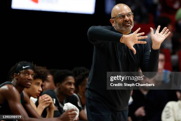 Head coach Roy Rana of World Team reacts during the third quarter against World Team during the Nike Hoop Summit at Moda Center on April 08, 2022 in...