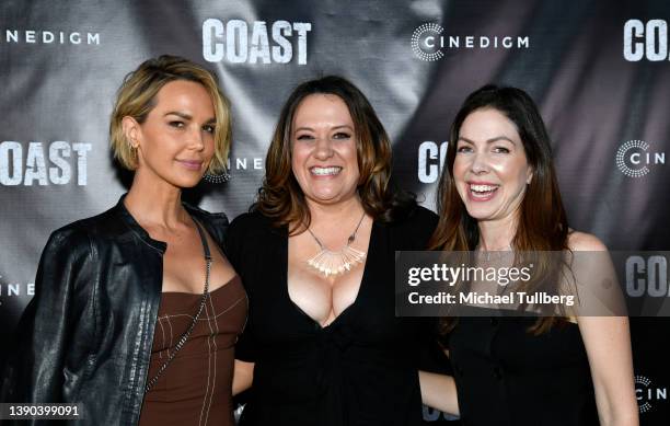 Arielle Kebbel, director Jessica Hester and a guest attend the world premiere of "COAST" at Laemmle Glendale on April 08, 2022 in Glendale,...