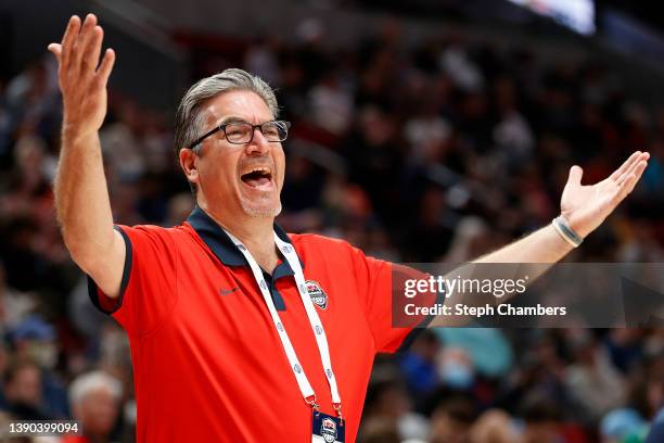 Head coach Joe Mantegna of USA Team reacts during the third quarter against World Team during the Nike Hoop Summit at Moda Center on April 08, 2022...