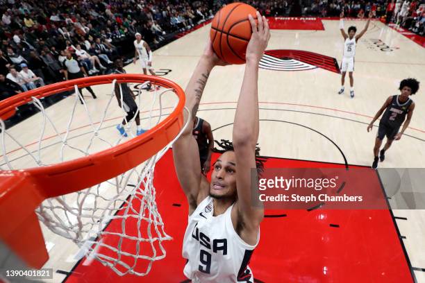 Dereck Lively II of USA Team dunks during the second half against World Team in the Nike Hoop Summit at Moda Center on April 08, 2022 in Portland,...