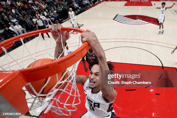 Dereck Lively II of USA Team dunks during the second half against World Team in the Nike Hoop Summit at Moda Center on April 08, 2022 in Portland,...