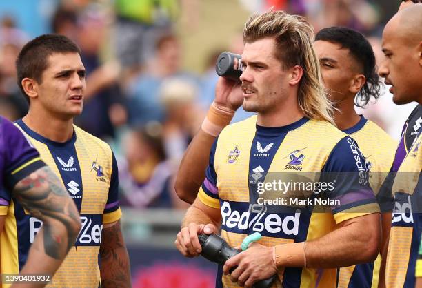 Ryan Papenhuyzen of the Storm warms up before the round five NRL match between the Canberra Raiders and the Melbourne Storm at McDonalds Park, on...