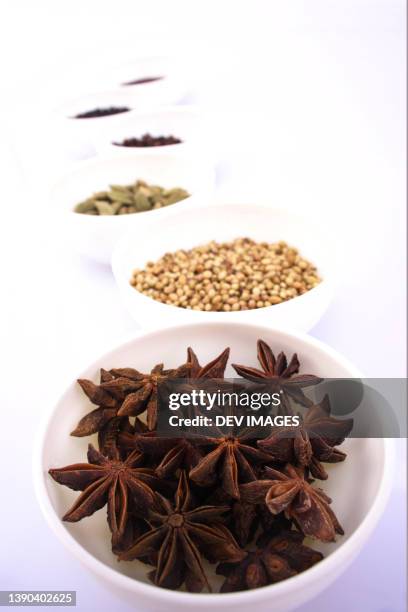 star anise in white bowl - star anise stock pictures, royalty-free photos & images