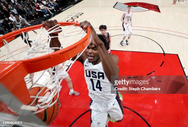 Jarace Walker of USA Team dunks during the second half against World Team in the Nike Hoop Summit at Moda Center on April 08, 2022 in Portland,...