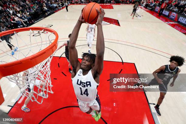 Jarace Walker of USA Team dunks during the second half against World Team in the Nike Hoop Summit at Moda Center on April 08, 2022 in Portland,...