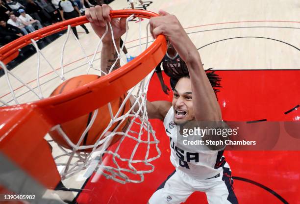 Dereck Lively II of USA Team dunks during the second half against World Team in the Nike Hoop Summit at Moda Center on April 08, 2022 in Portland,...