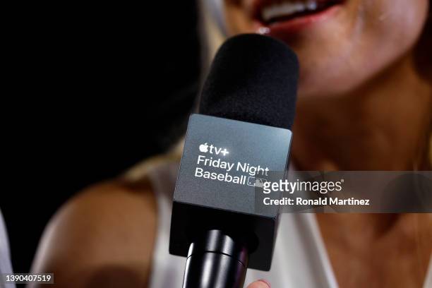 An Apple TV+ logo during a player interview after a game between the Houston Astros and the Los Angeles Angels at Angel Stadium of Anaheim on April...