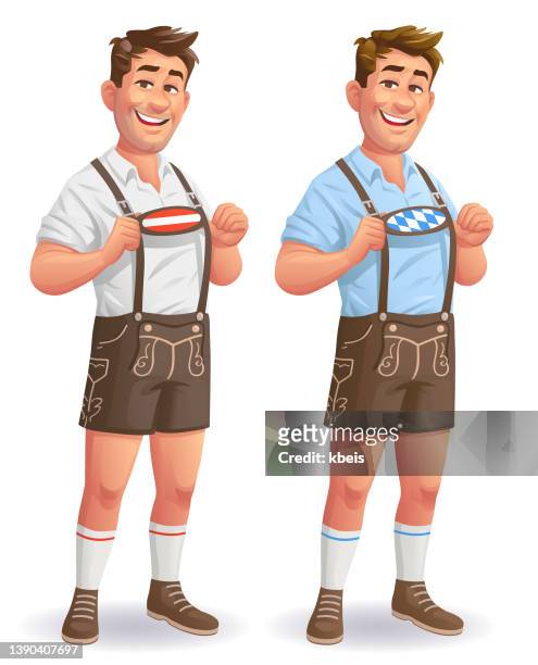 ilustraciones, imágenes clip art, dibujos animados e iconos de stock de hombre con pantalones de cuero tradicionales austriacos y bávaros - traditional clothing