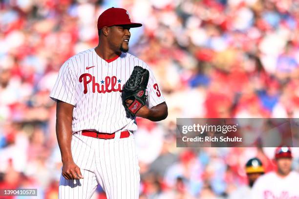 Jeurys Familia of the Philadelphia Phillies in action against the Oakland Athletics during a game at Citizens Bank Park on April 8, 2022 in...