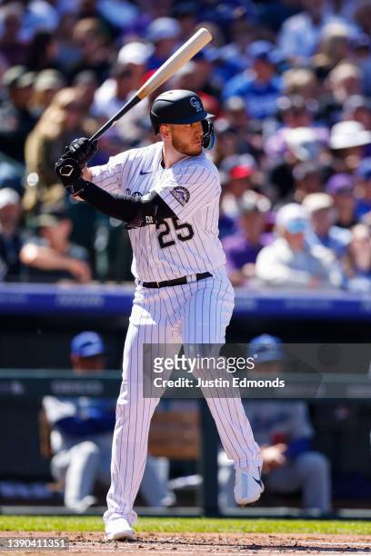 Cron of the Colorado Rockies bats in the first inning against the Los Angeles Dodgers on Opening Day at Coors Field on April 8, 2022 in Denver,...