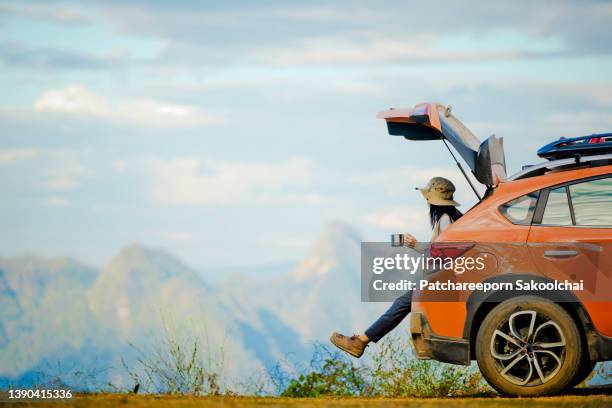 summer camp - car top view stock-fotos und bilder