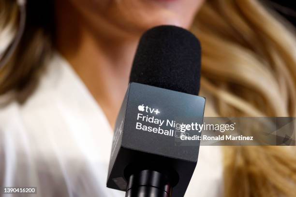 An Apple TV+ logo during a player interview after a game between the Houston Astros and the Los Angeles Angels at Angel Stadium of Anaheim on April...