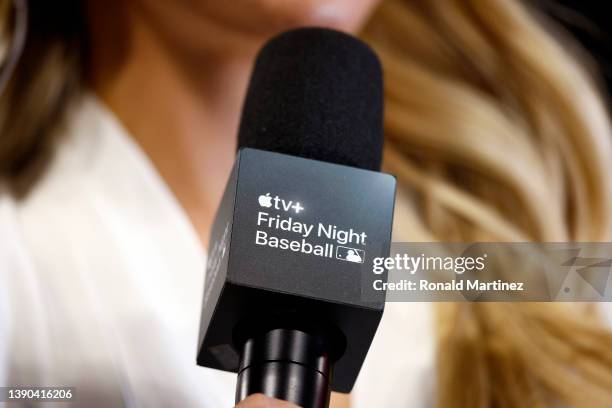 An Apple TV+ logo during a player interview after a game between the Houston Astros and the Los Angeles Angels at Angel Stadium of Anaheim on April...