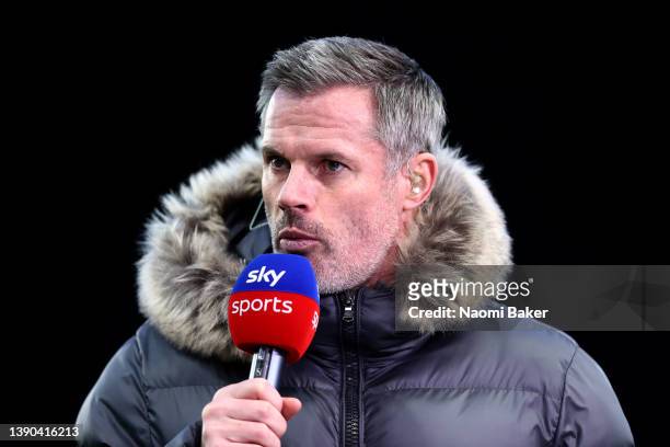 Pundit Jamie Carragher looks on during the Premier League match between Newcastle United and Wolverhampton Wanderers at St. James Park on April 08,...