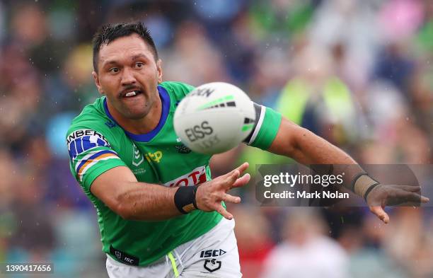 Jordan Rapana of the Raiders in action during the round five NRL match between the Canberra Raiders and the Melbourne Storm at McDonalds Park, on...