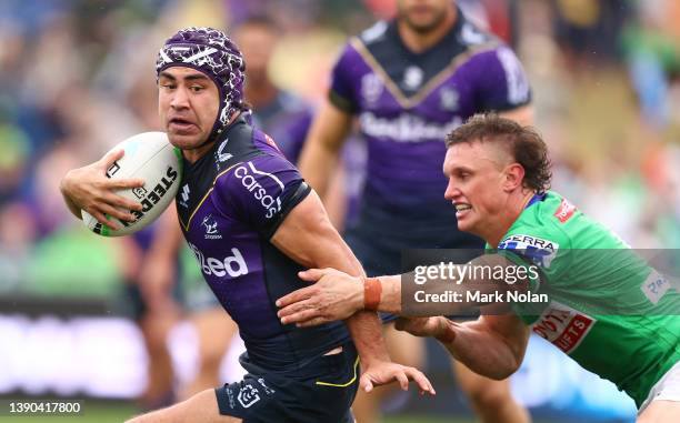 Jahrome Hughes of the Storm in action during the round five NRL match between the Canberra Raiders and the Melbourne Storm at McDonalds Park, on...