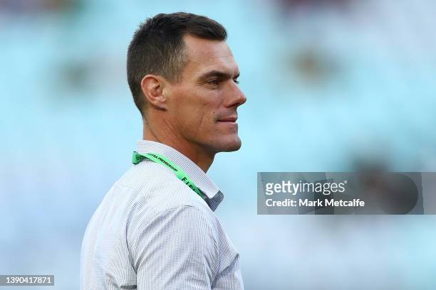 Rabbitohs assistant coach John Morris looks on during the round five NRL match between the South Sydney Rabbitohs and the St George Illawarra Dragons...
