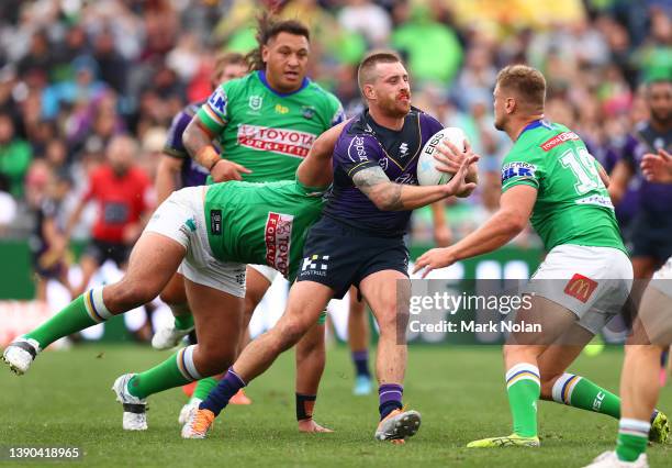 Cameron Munster of the Storm in action during the round five NRL match between the Canberra Raiders and the Melbourne Storm at McDonalds Park, on...