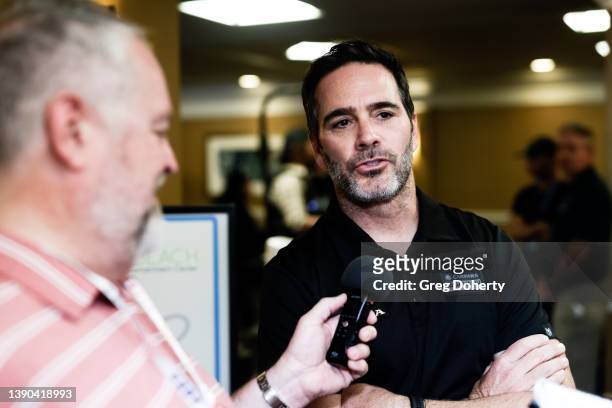 IndyCar Series driver Jimmie Johnson attends the driver introductions at the 2022 Acura Grand Prix Of Long Beach on April 08, 2022 in Long Beach,...