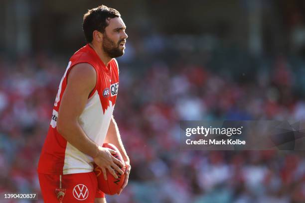 Paddy McCartin of the Swans looks upfield as he prepares to kickduring the round four AFL match between the Sydney Swans and the North Melbourne...