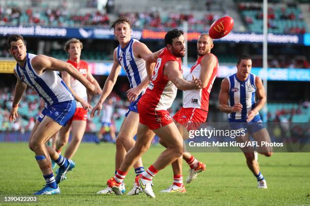 Paddy McCartin of the Swans handles the ball during the round four AFL match between the Sydney Swans and the North Melbourne Kangaroos at Sydney...
