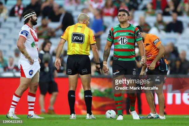 Latrell Mitchell of the Rabbitohs walks off the field injured during the round five NRL match between the South Sydney Rabbitohs and the St George...