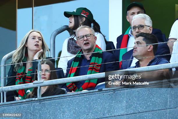 Anthony Albanese reacts after a Rabbitohs try during the round five NRL match between the South Sydney Rabbitohs and the St George Illawarra Dragons...