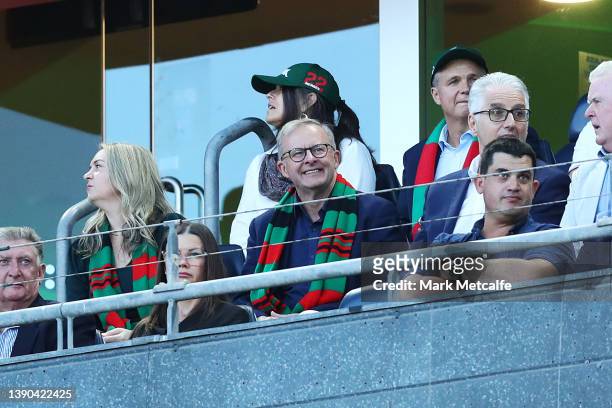 Anthony Albanese reacts after a Rabbitohs try during the round five NRL match between the South Sydney Rabbitohs and the St George Illawarra Dragons...