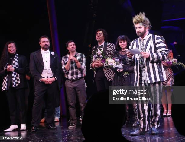 Alex Brightman and cast during the re-opening night curtain call for the hit musical based on the film "Beetlejuice" on Broadway at The Marquis...
