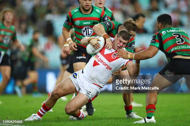 Blake Lawrie of the Dragons is tackled by Cameron Murray of the Rabbitohs during the round five NRL match between the South Sydney Rabbitohs and the...