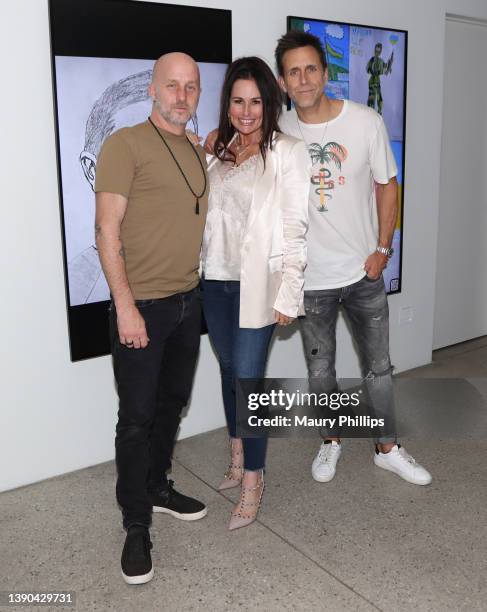 Sonny Mayo, Kerri Ann Kimball and West Geer attend the NFTS for Ukraine event at The Gall3ry by Koll3ctiff on April 08, 2022 in Venice, California.