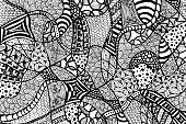 Zentangle background with a lot of unique elements. Totally hand drawn illustration. Vector image can be used for backgrounds, web design, surface textures, fashion textile, trendy cases and printed products.