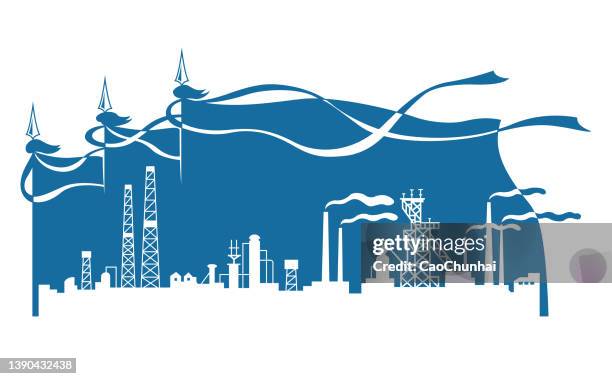 silhouette of the factory under the flag - technology revolution stock illustrations