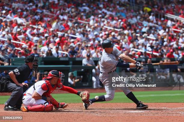LeMahieu of the New York Yankees strikes out against the St. Louis Cardinals in the eighth inning at Busch Stadium on July 2, 2023 in St Louis,...